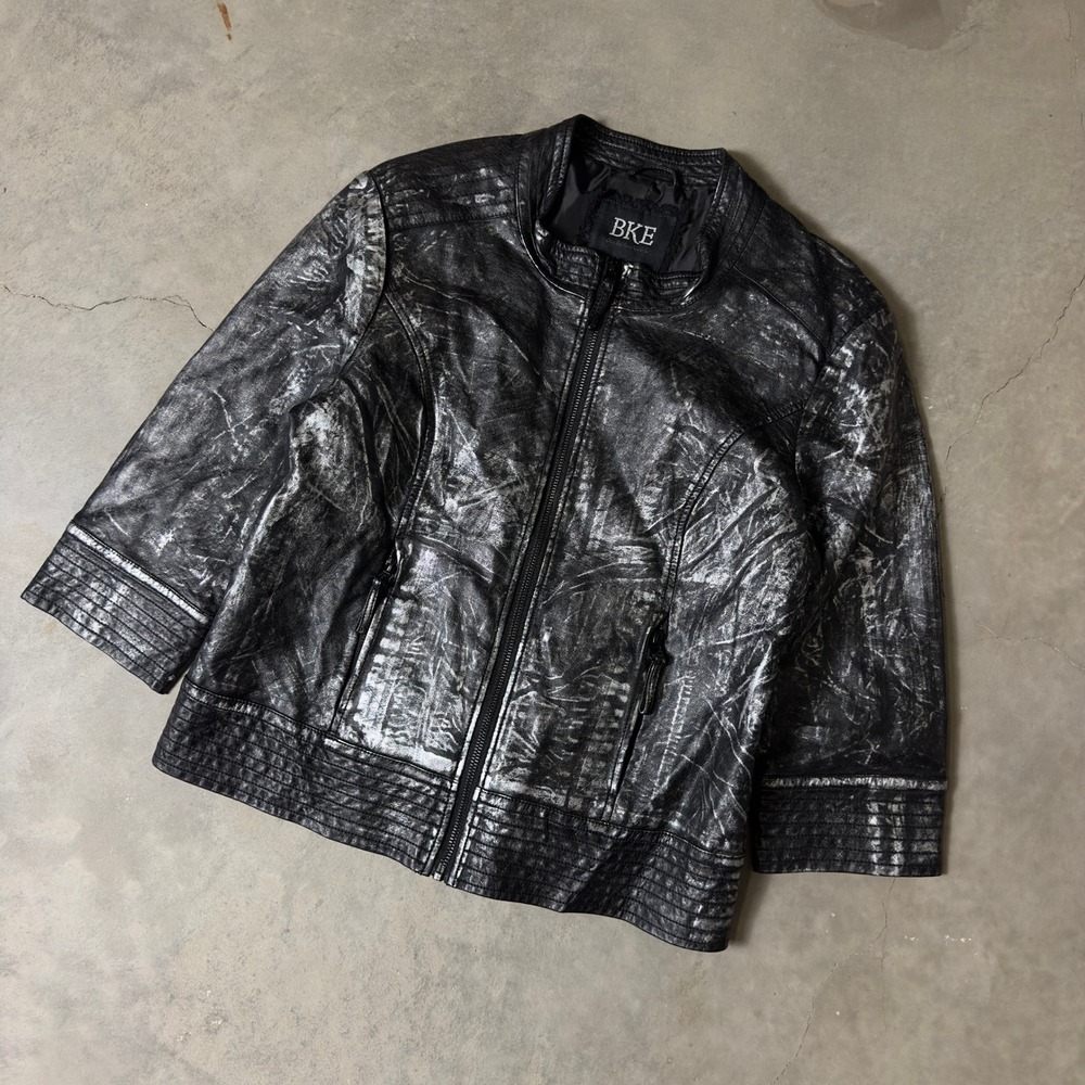 BKE Faux Leather Moto Jacket Womens Large Black Silver Distressed Grunge Y2K